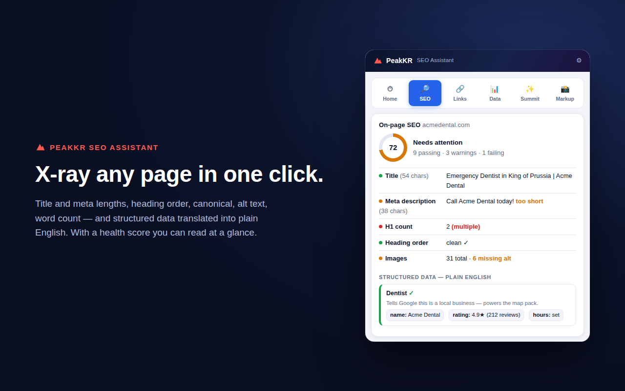 The on-page SEO x-ray — score, metas, headings, schema