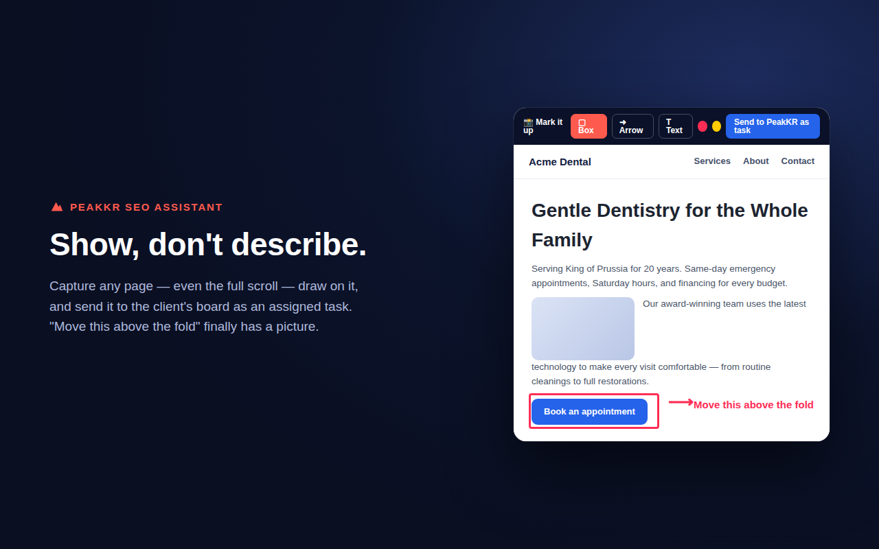 Screenshot & markup — draw on the page, send as a task