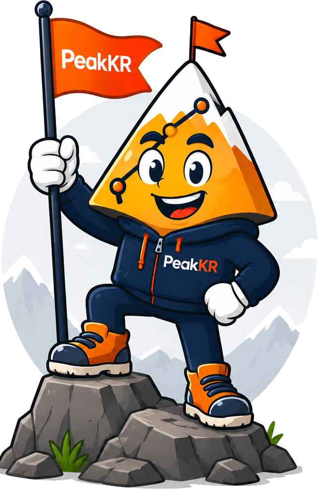 Summit, the PeakKR AI mascot planting a flag at the summit